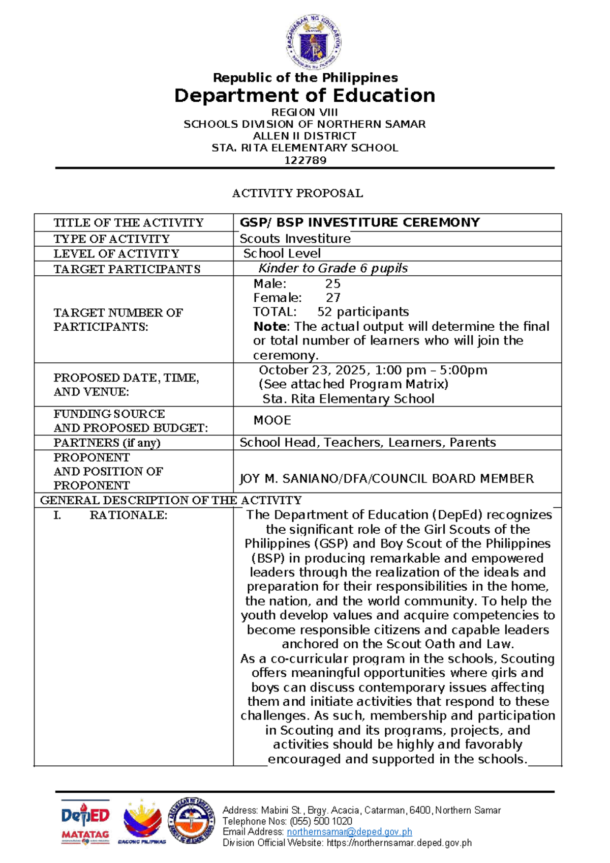 Sta. Rita ES Activity Proposal: BSP Investiture Ceremony 2025 - Studocu