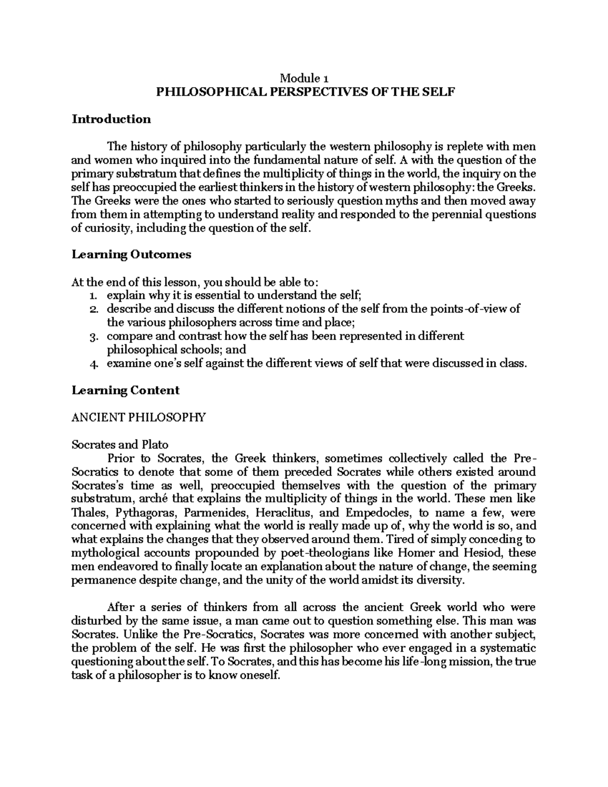 Module 1: Understanding Philosophical Perspectives of the Self - Studocu