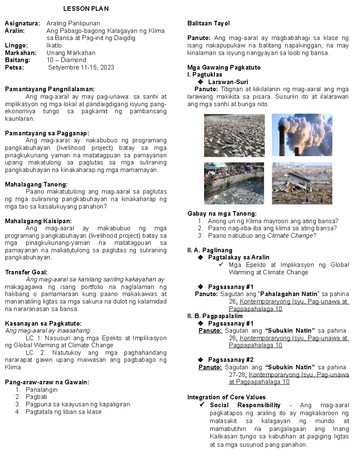 LP 3 - Kontempo 10 - Lesson Plan on Climate Change Issues - Studocu