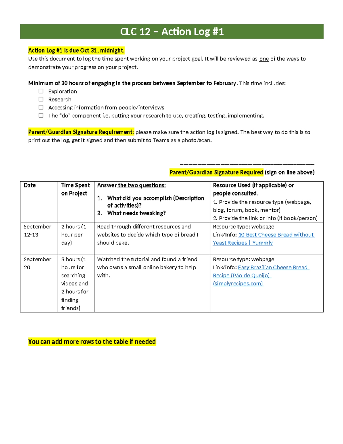 CLC 12 – Action Log #1 for Project Goals Documentation - Studocu