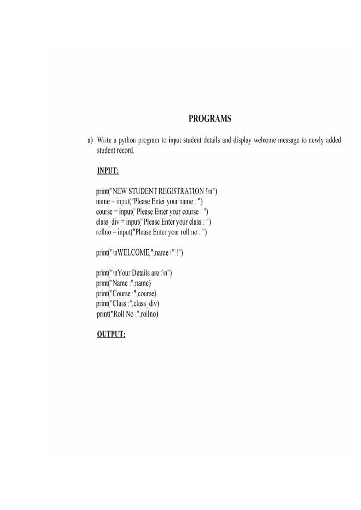 Python Programs A1: Student Registration, Arithmetic Ops & OOP Concepts ...