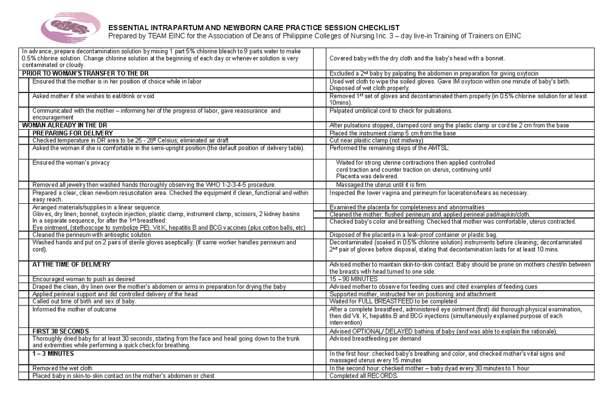 EINC- Essential Intrapartum & Newborn Care Practice Checklist - Studocu