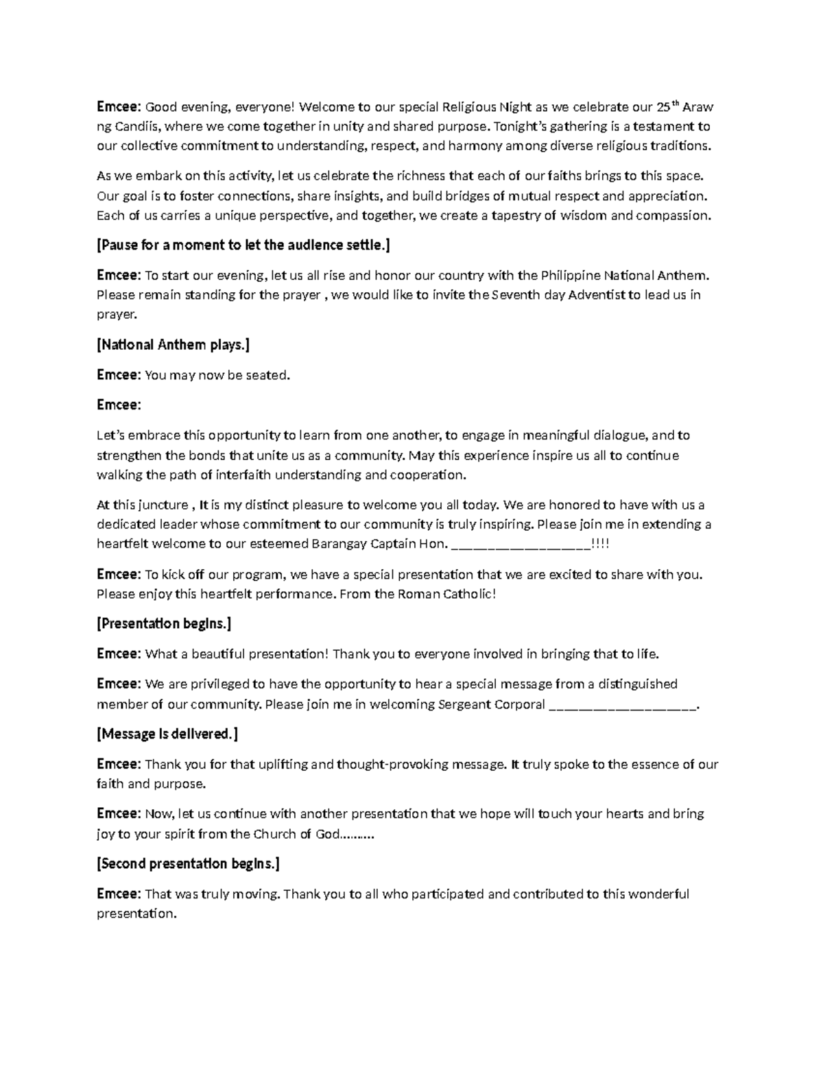Emcee Script Sample for Religious Night Celebration - Studocu