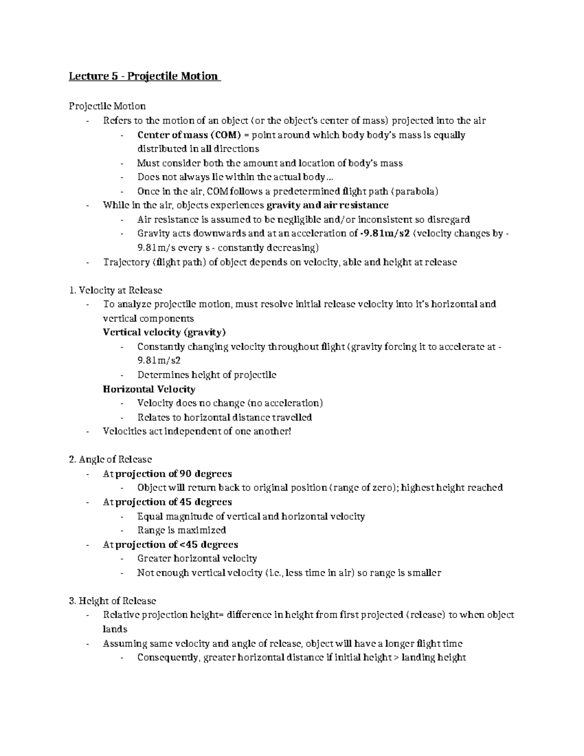 KINE 3P10 Quiz 2 Notes - Lecture 5 - Projectile Motion Projectile ...