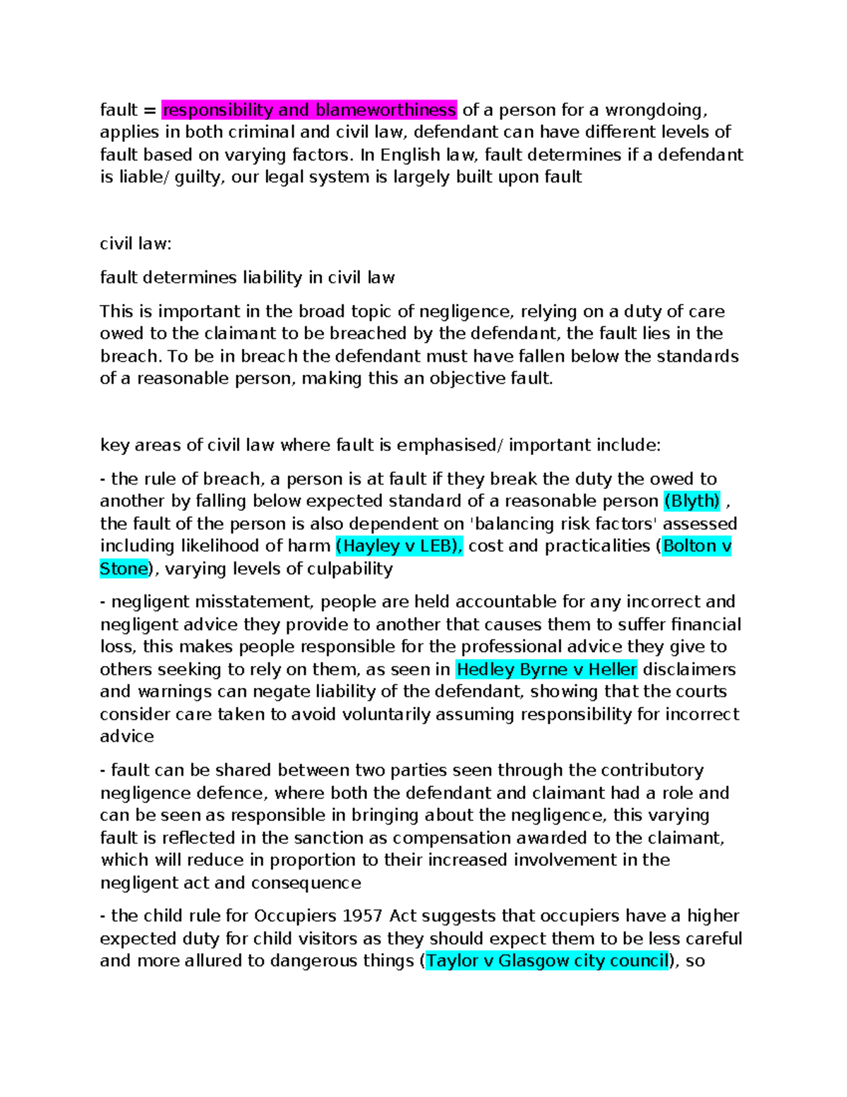 Fault Key Notes: Criminal & Civil Law (Papers 1 & 2) - Studocu