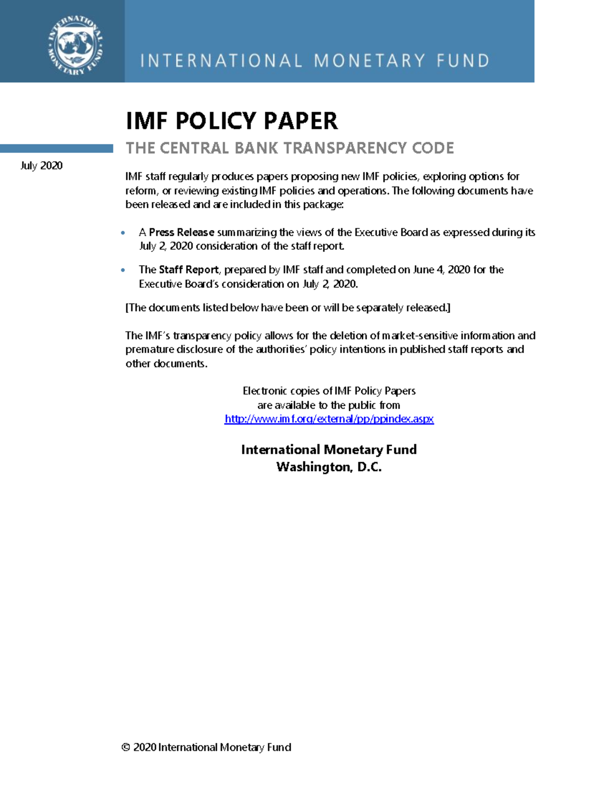 IMF Policy Paper: Central Bank Transparency Code (CBT) - July 2020 ...