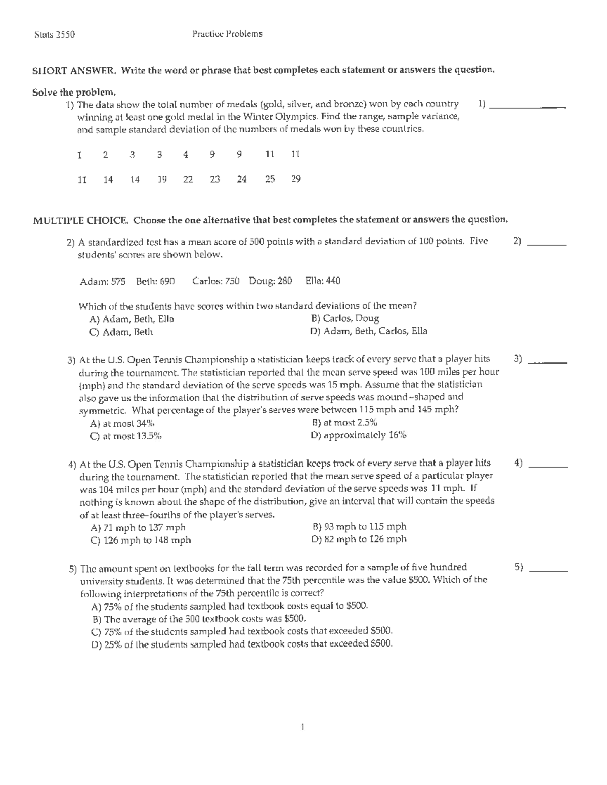 Practice Problems for Stat2550 Midterm Exam Analysis - Studocu