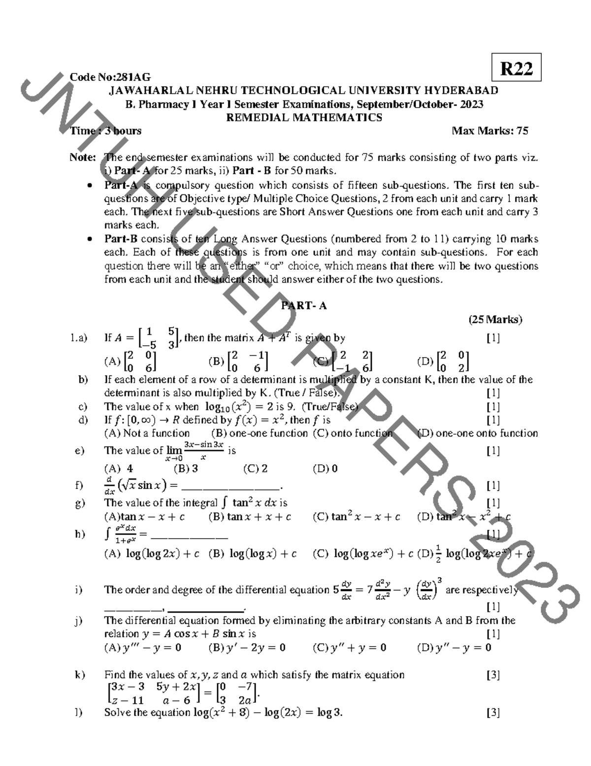 Remedial Mathematics Exam Notes - B. Pharmacy I Year I Sem (R22 TU ...