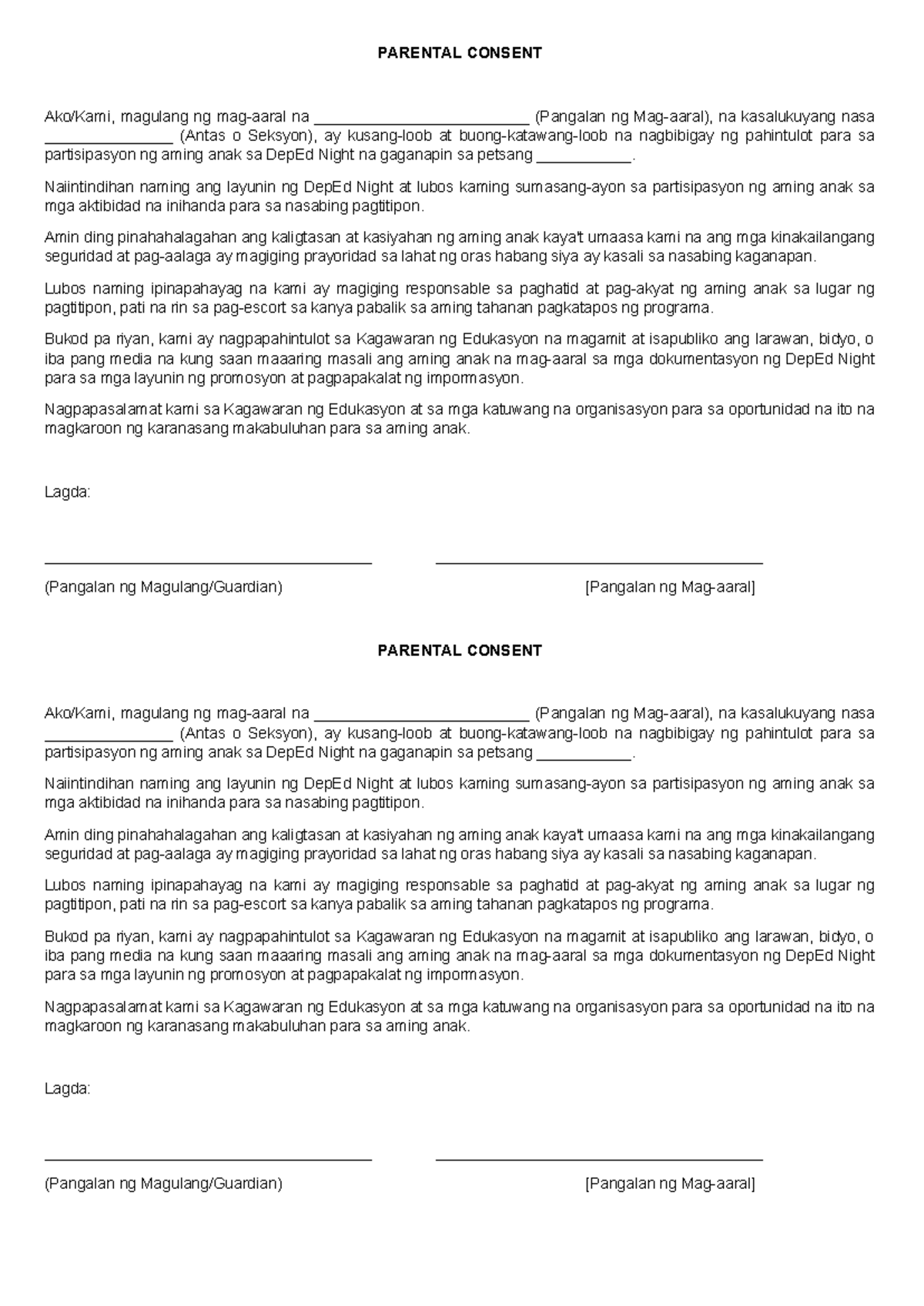 Parental Consent Form for DepEd Night Event - Studocu