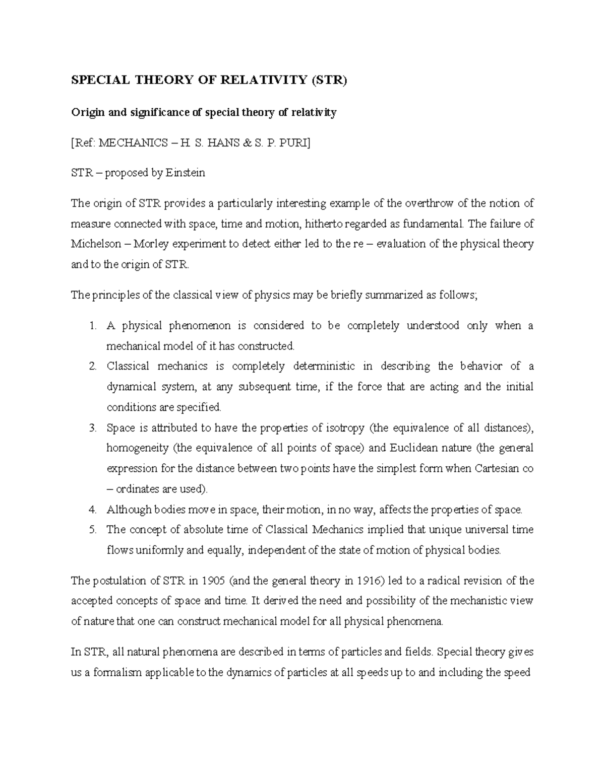 Special Theory of Relativity (STR): Concepts, Derivations, and ...