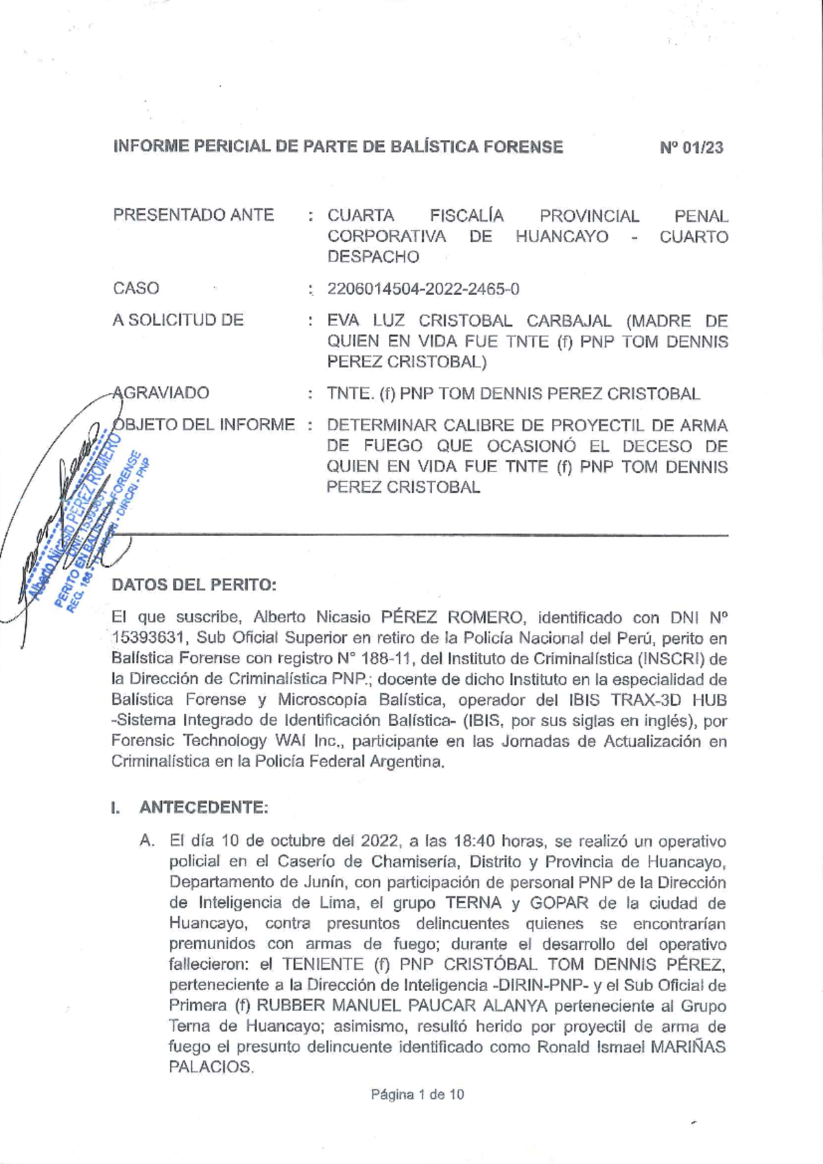 Informe Pericial de Balística Forense - Caso PNP Tom Pérez Cristóbal - Document Preview
