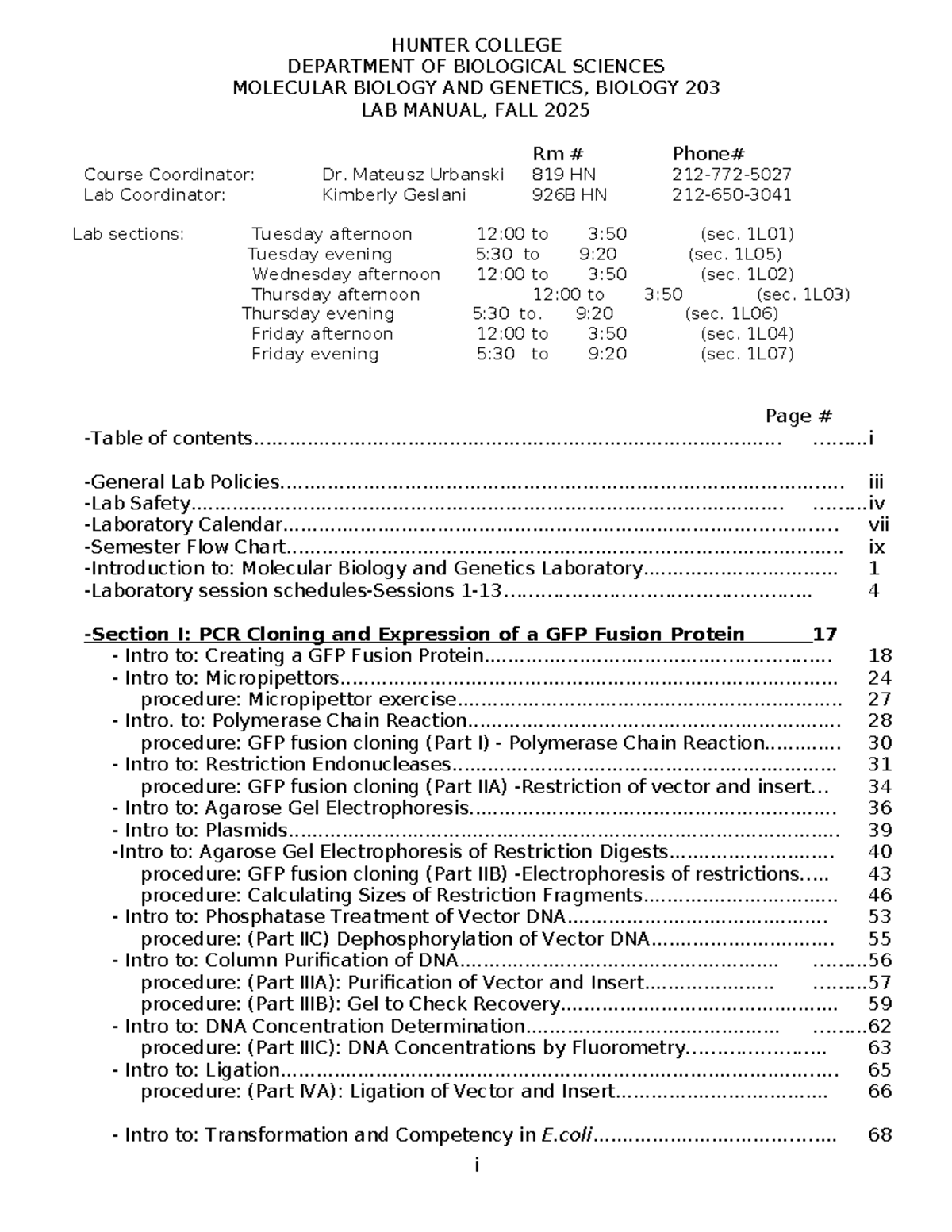 BIOLOGY 203 LAB MANUAL: MOLECULAR BIOLOGY & GENETICS POLICIES, FALL ...