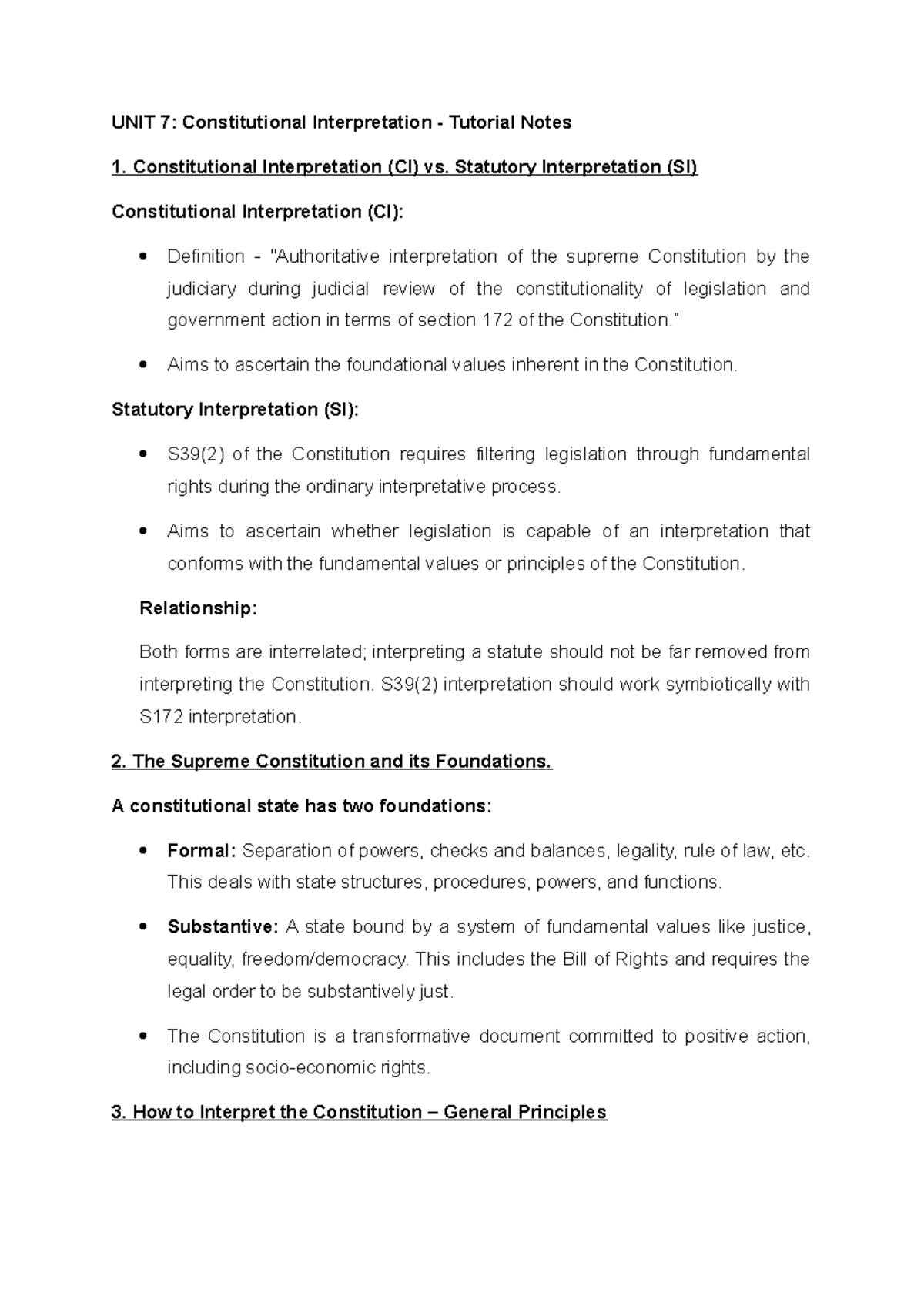 Unit 7: CI vs. SI - Constitutional Interpretation Tutorial Notes - Studocu