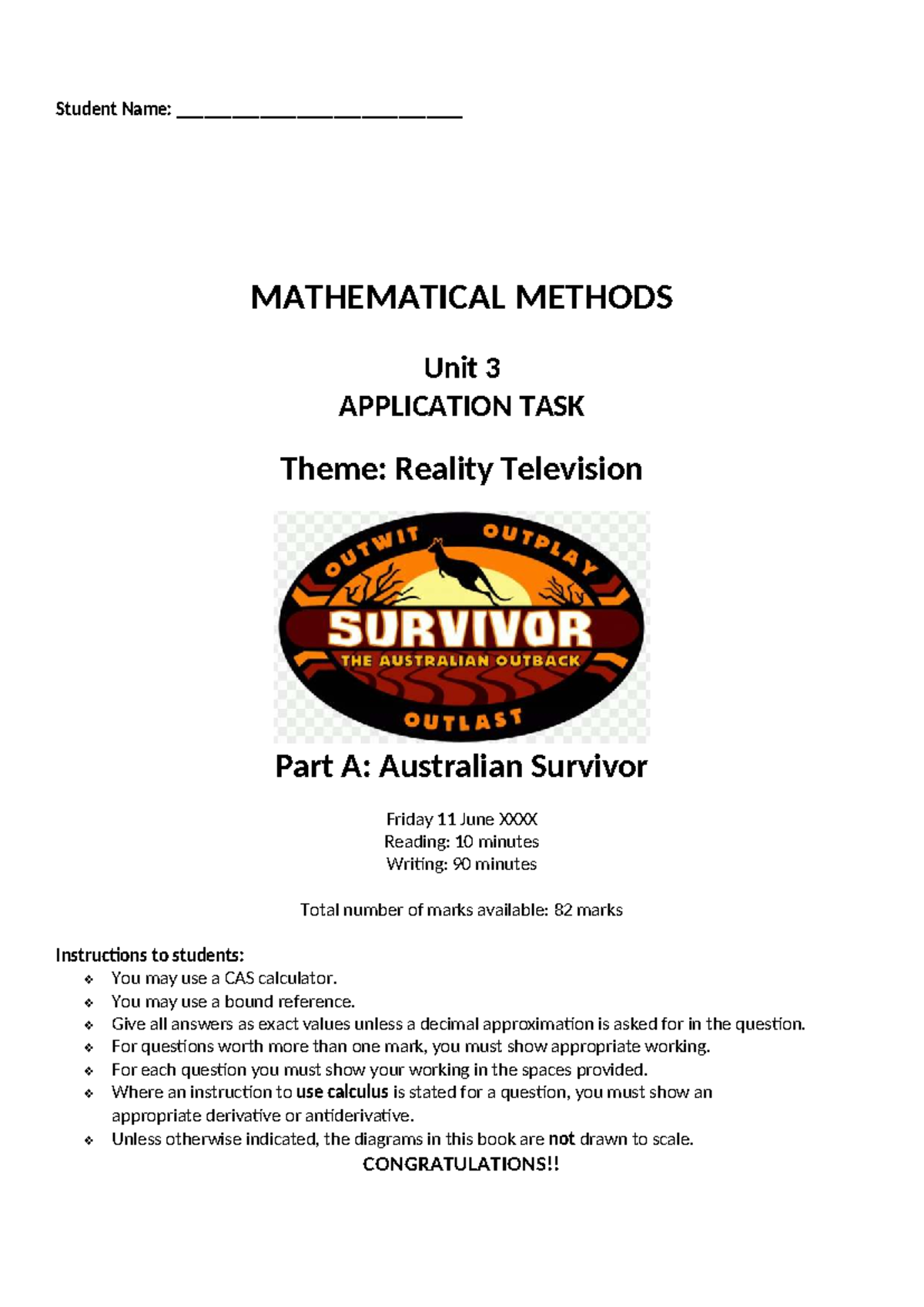 Mathematical Methods 12 MM Practice SAC: Australian Survivor ...