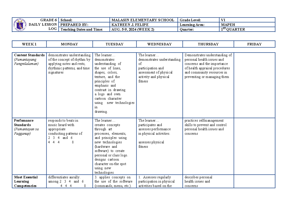 Q1 DLL WEEK 2 - MAPEH 6 Daily Lesson Log - Studocu