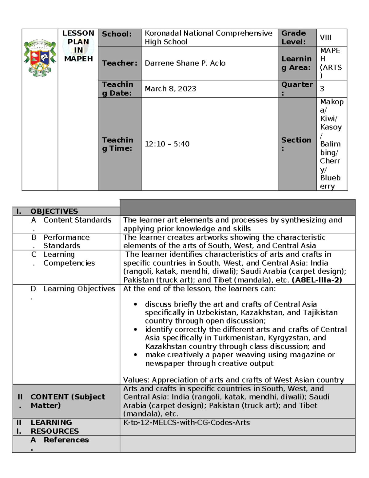 DLP MAPEH I: Lesson Plan on Arts of Central Asia - Studocu