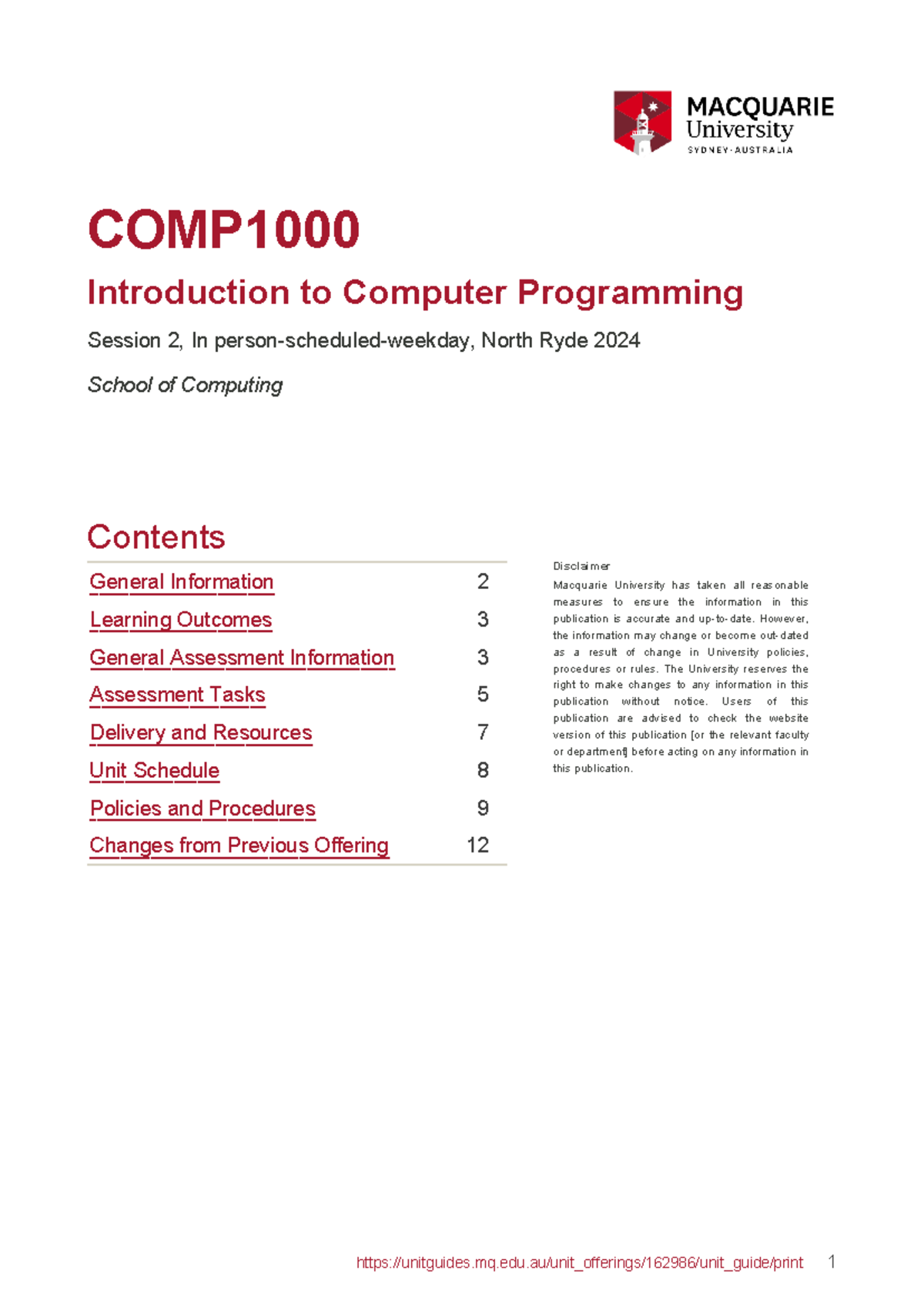 Unit Guide COMP1000 2024 Session 2, In person-scheduled-weekday, North ...