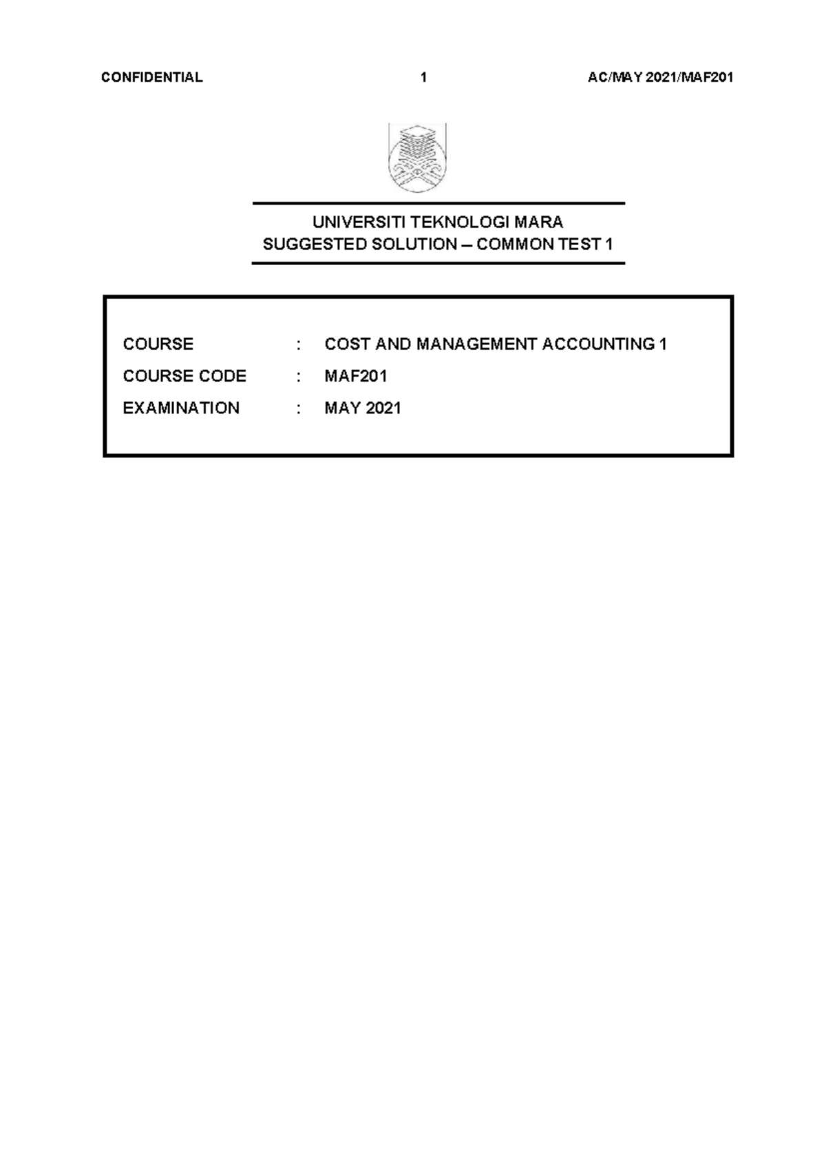 CT MAF201 May 2021 Suggested Solutions for Common Test 1 - Studocu