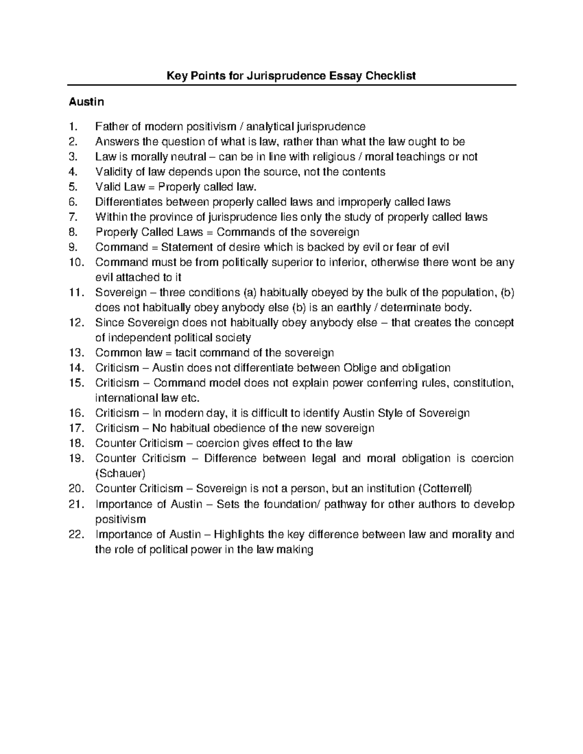 Key Points for Jurisprudence Essay Checklist - Austin & Hart Analysis ...