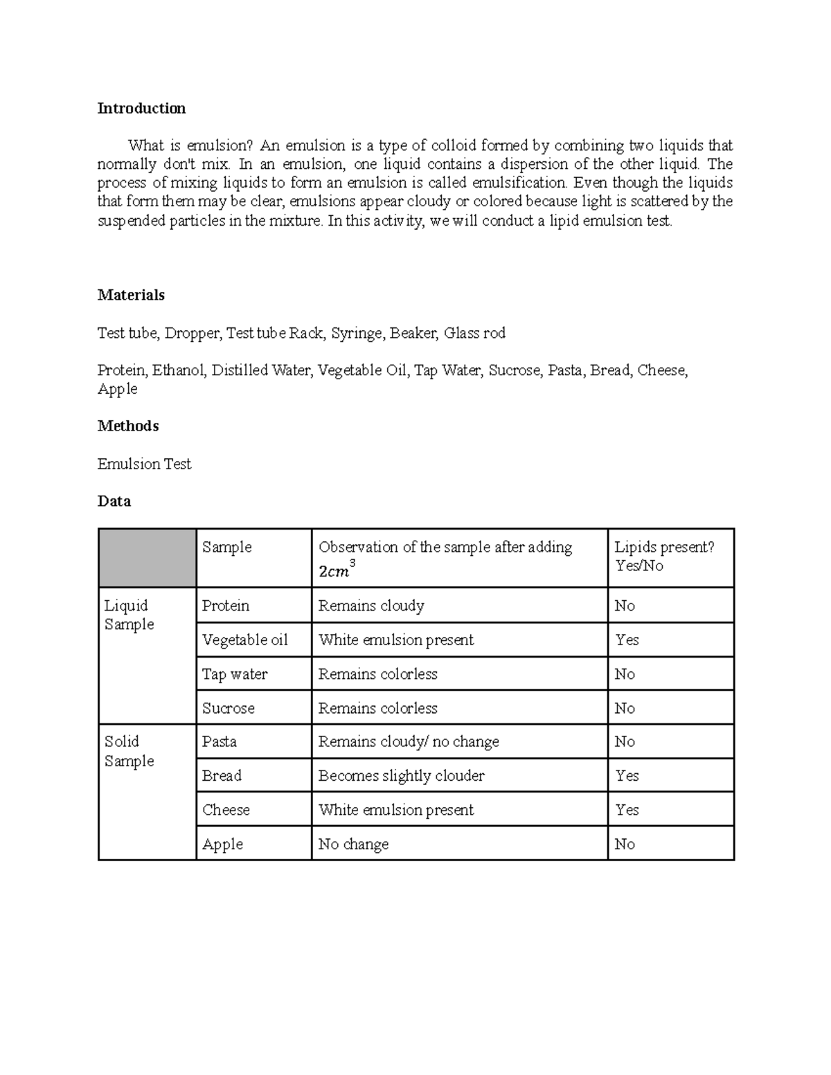 Lipid Emulsion Test: Analysis of Liquid and Solid Samples - Studocu