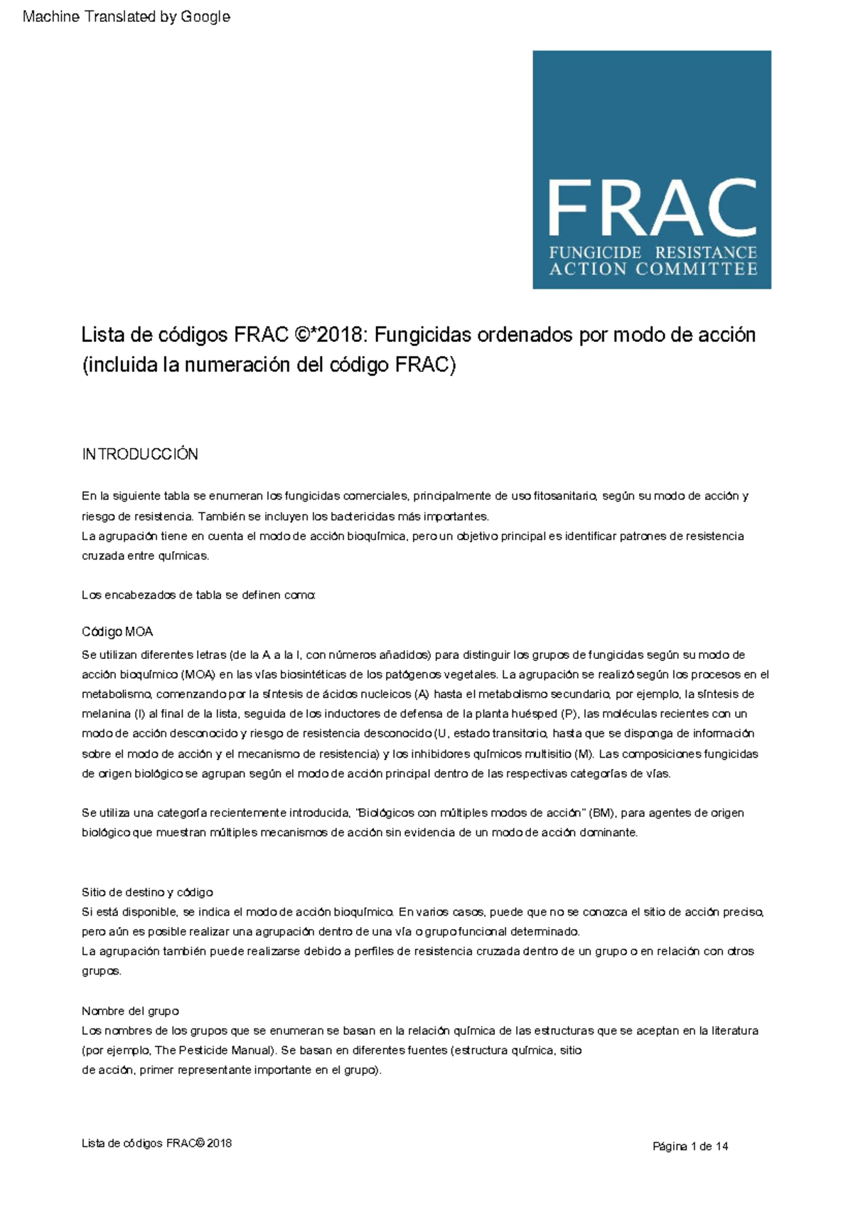 Lista de Códigos FRAC 2018: Fungicidas por Modo de Acción y Resistencia ...