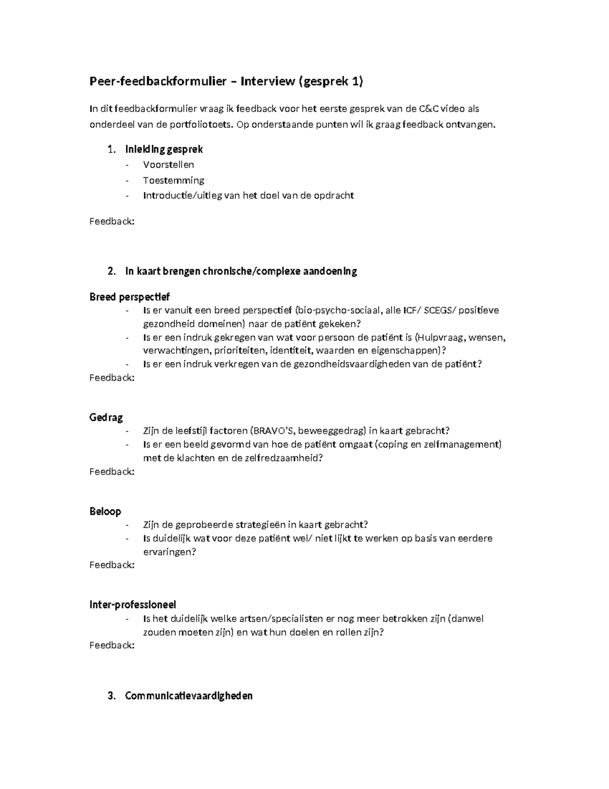 Peer Feedback Formulier Interview C&C (Gesprek 1) - Studeersnel