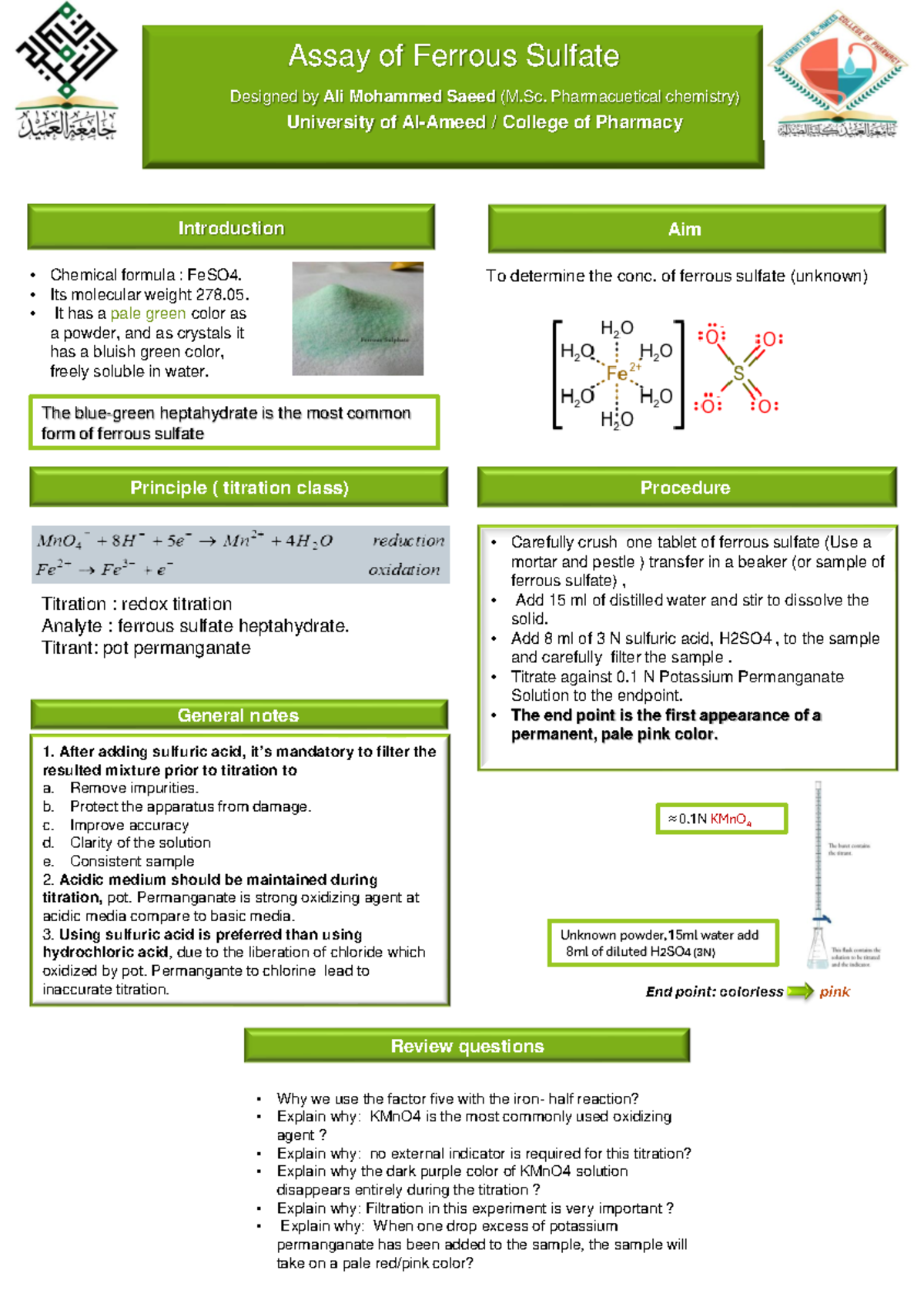 Assay of Ferrous Sulfate (FeSO4) - Titration Procedure & Notes - Studocu