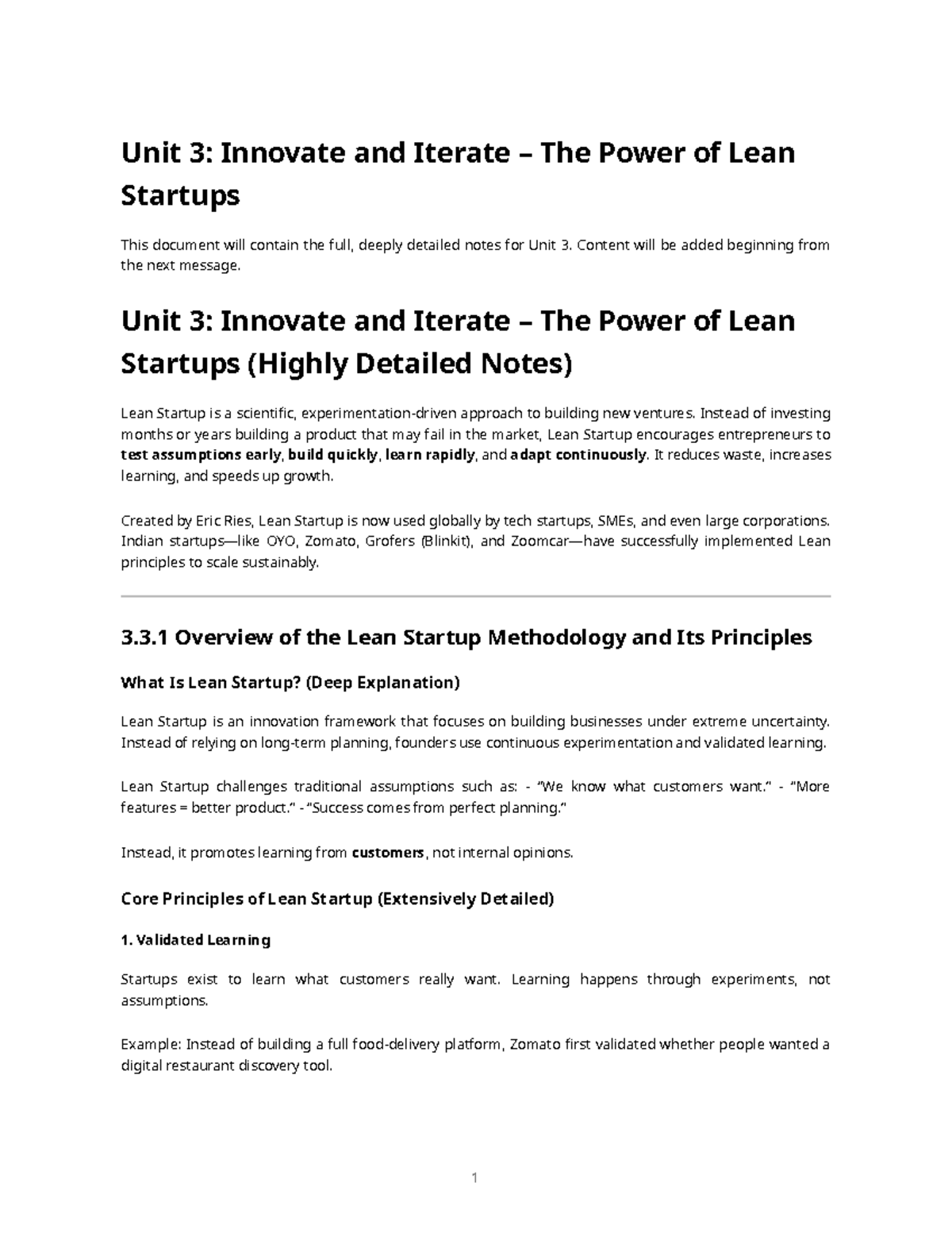 Unit 3: Lean Startup Methodology - Detailed Notes on Innovation - Studocu