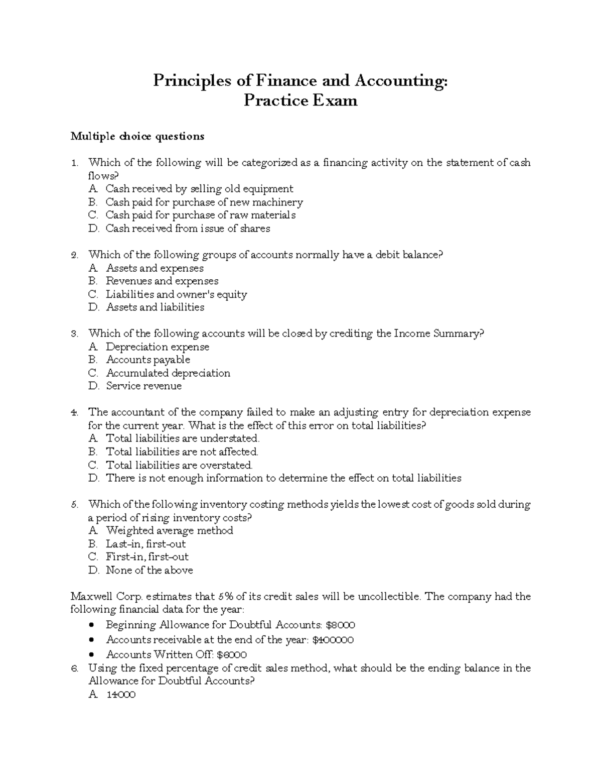 Practice Exam PFA: Principles of Finance & Accounting MCQs - Studeersnel