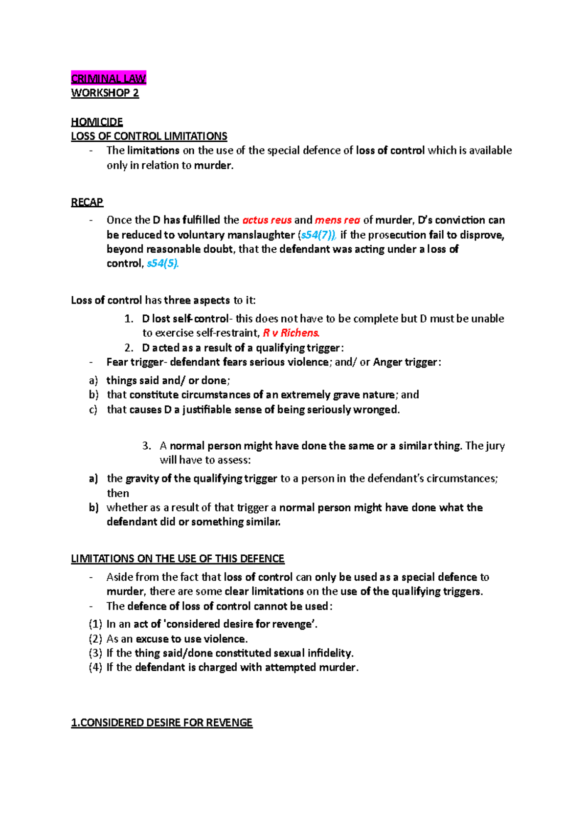 CRIMINAL LAW (CL201): Loss of Control Limitations in Homicide Cases ...