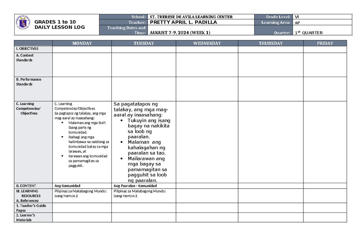 DAILY LESSON PLAN - GRADES 1 to 10 DAILY LESSON LOG School: ST. THERESE ...