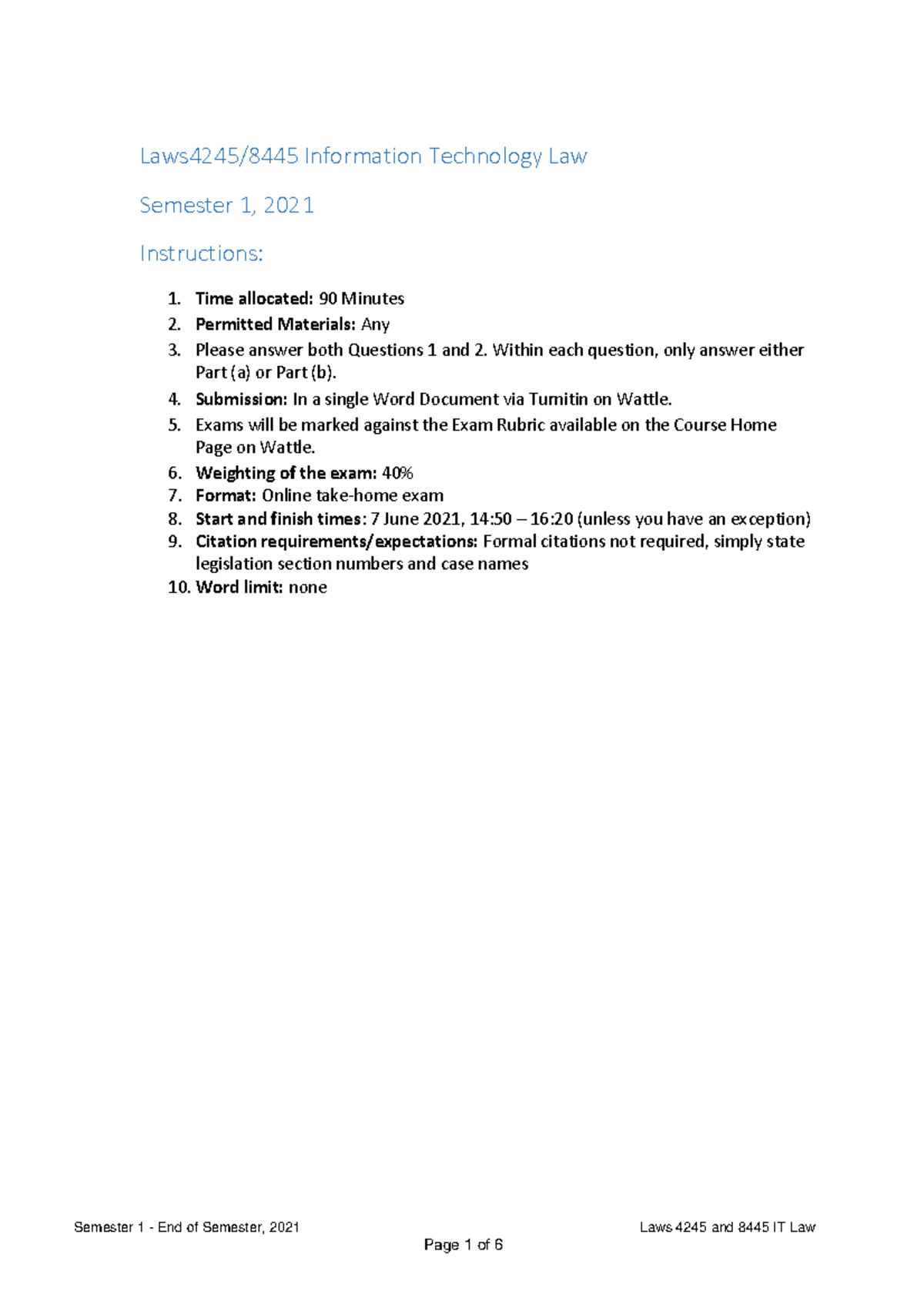 IT Law Exam 2021-2 - Information Technology Law Exam 2021 Please answer ...