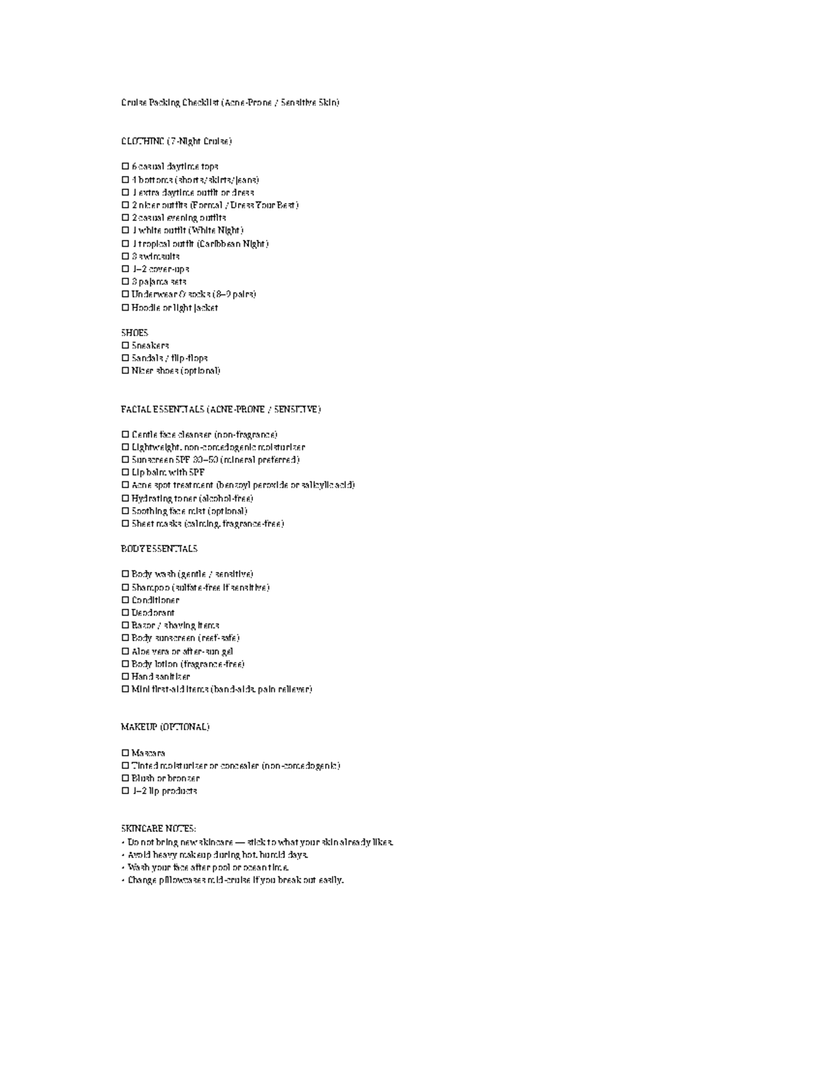 Printable Cruise Packing Checklist for Sensitive Skin - Studocu