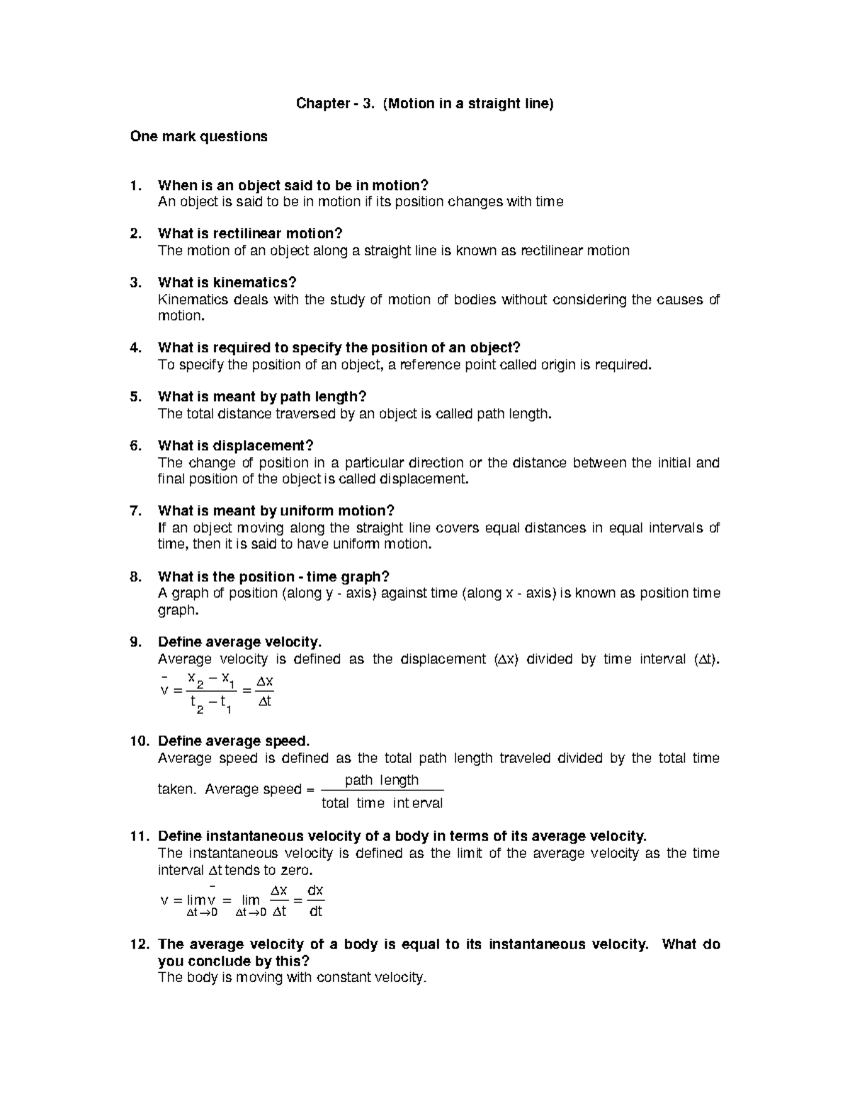 Chapter 3: Motion in a Straight Line - Key Concepts & Questions - Studocu