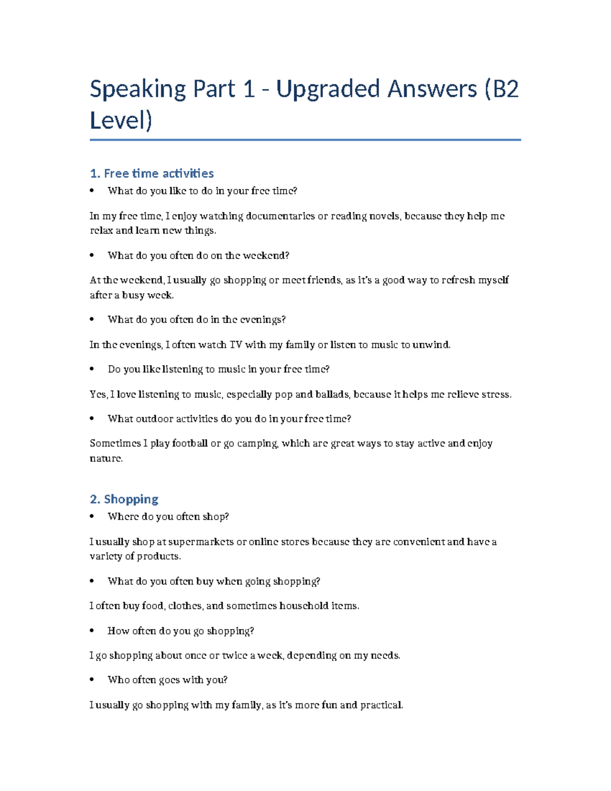 Speaking Part 1: Upgraded Answers for B2 Level - Studocu