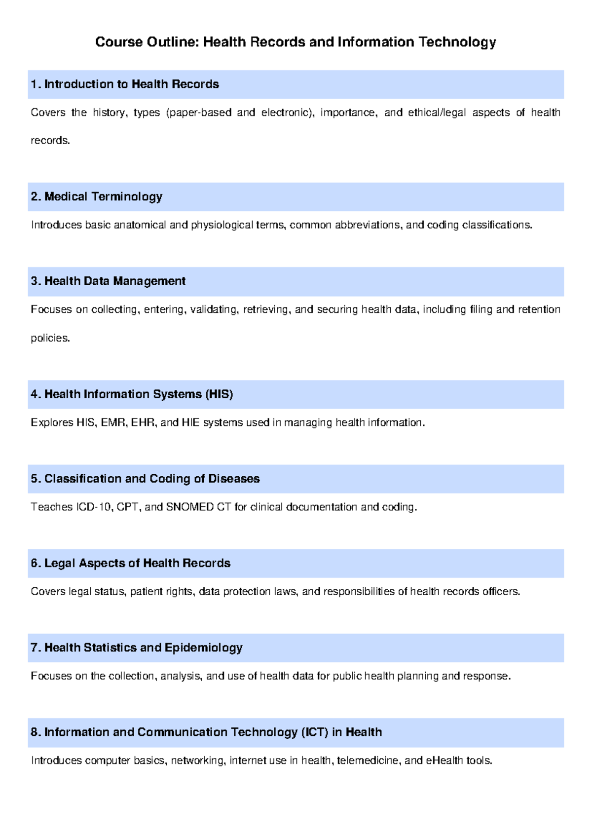 Health Records and IT Course Outline: Key Topics and Concepts - Studocu