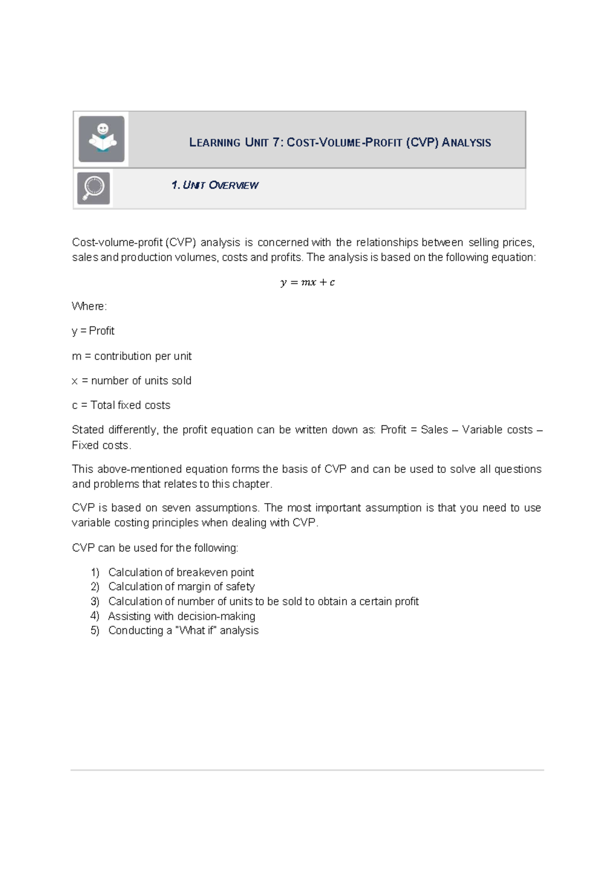 Learning Unit 7: CVP Analysis Overview and Applications - Studocu