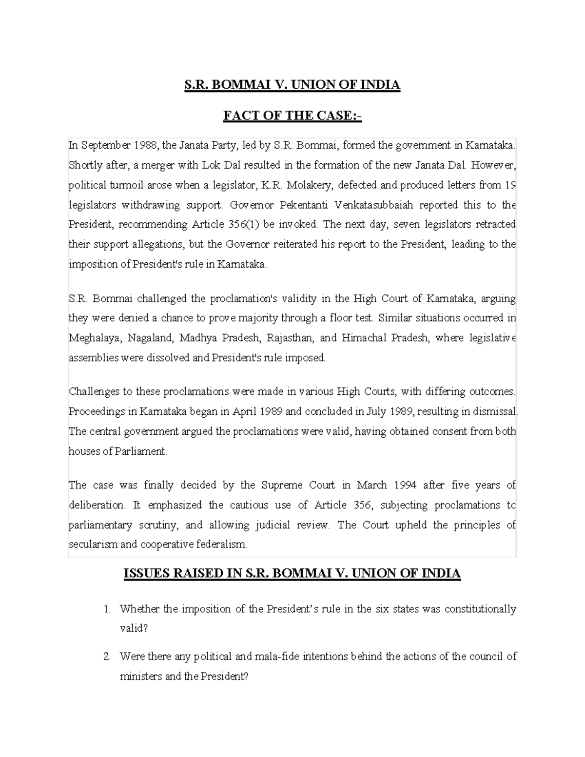 S.R. Bommai v. Union of India: Key Issues and Court Decision Analysis ...