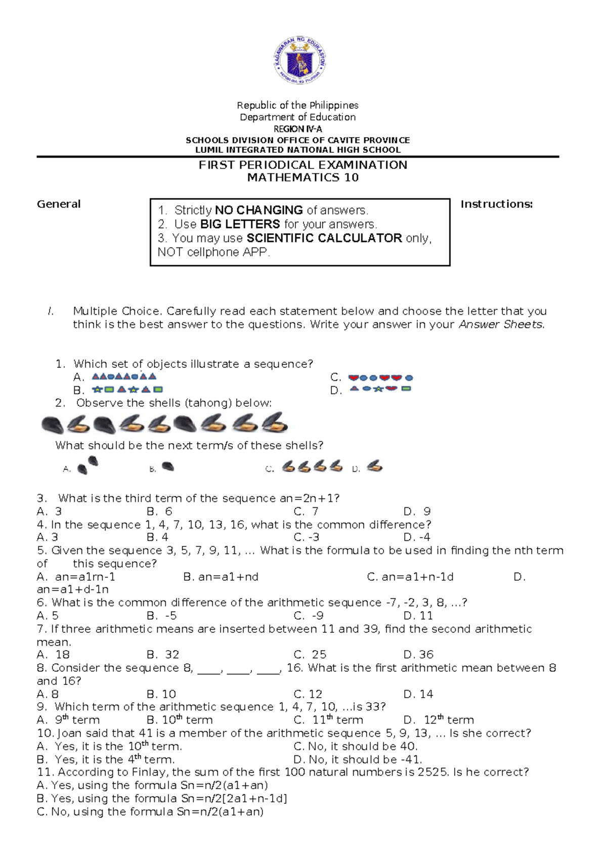 Math 10 - First Periodical Exam Review and Sample Questions - Studocu