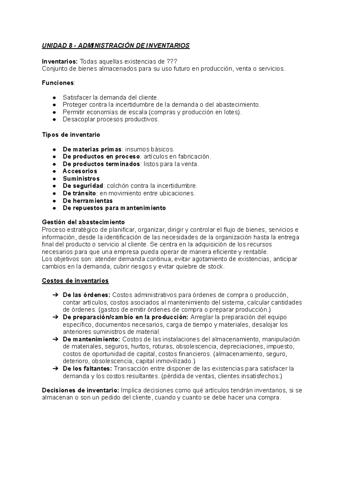 Resumen Unidad 8: Administración de Inventarios - Admin OP - Studocu