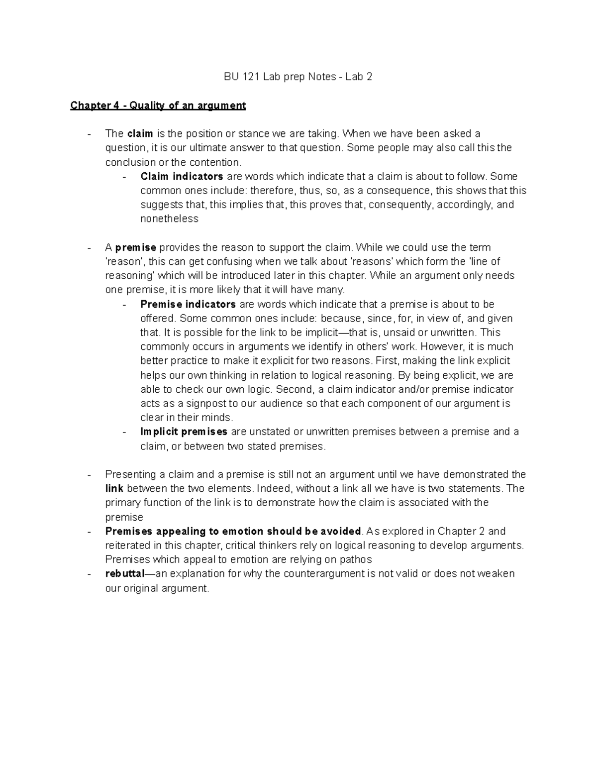 BU 121 Lab Prep Notes - Understanding Argument Quality in Lab 2 - Studocu