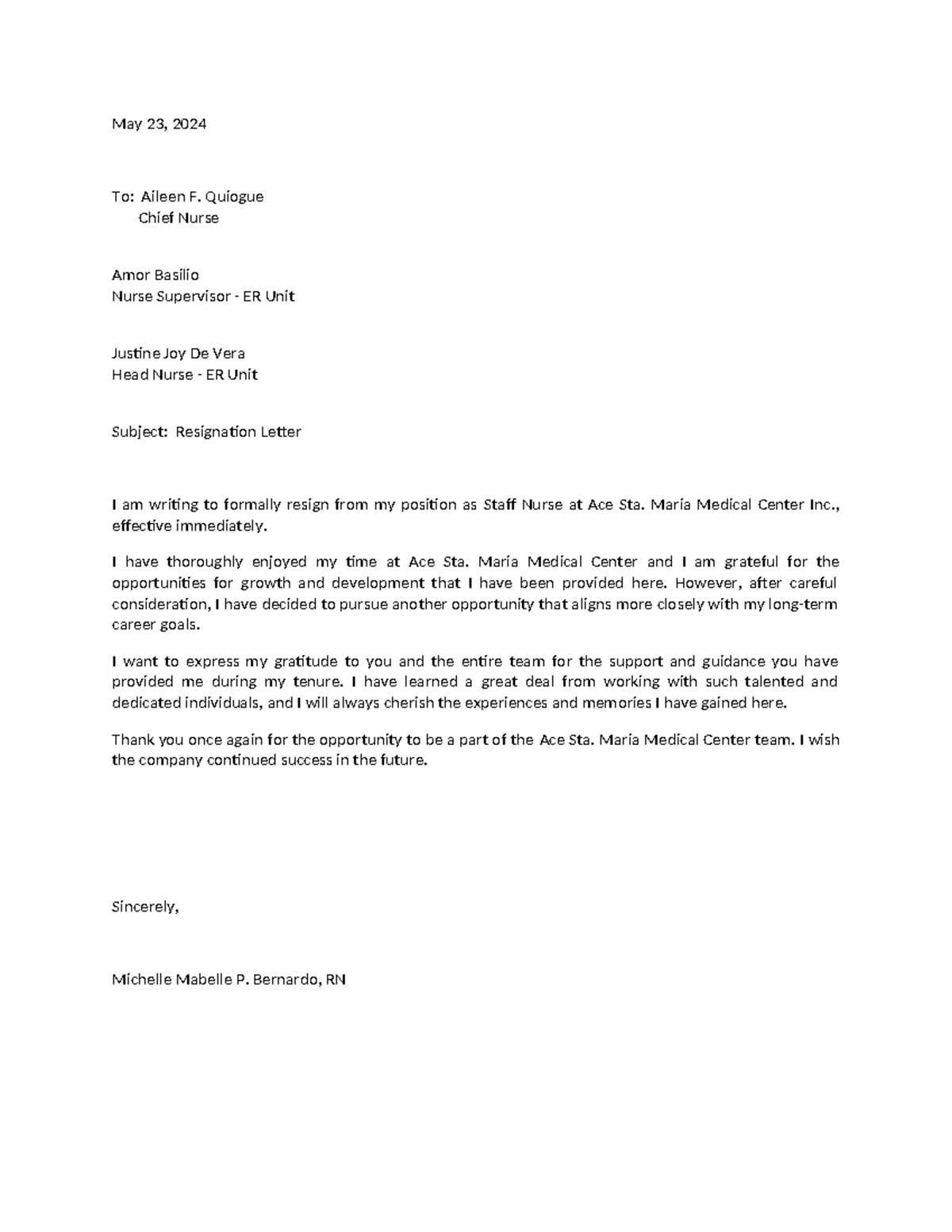 Formal Resignation Letter from Staff Nurse - Ace Sta. Maria Medical ...