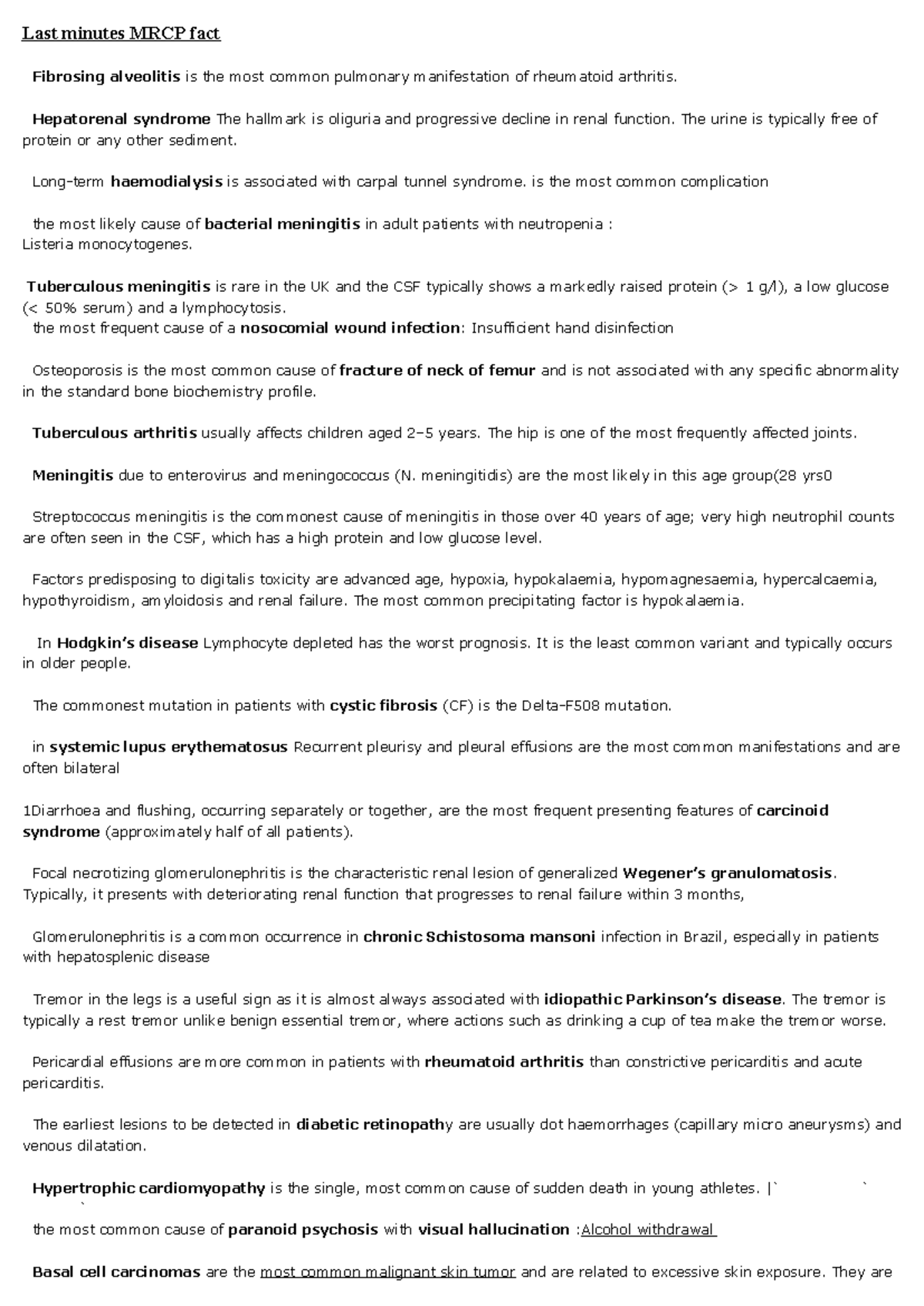 Last Minute MRCP Facts - Essential Study Notes for Exam Prep - Studeersnel