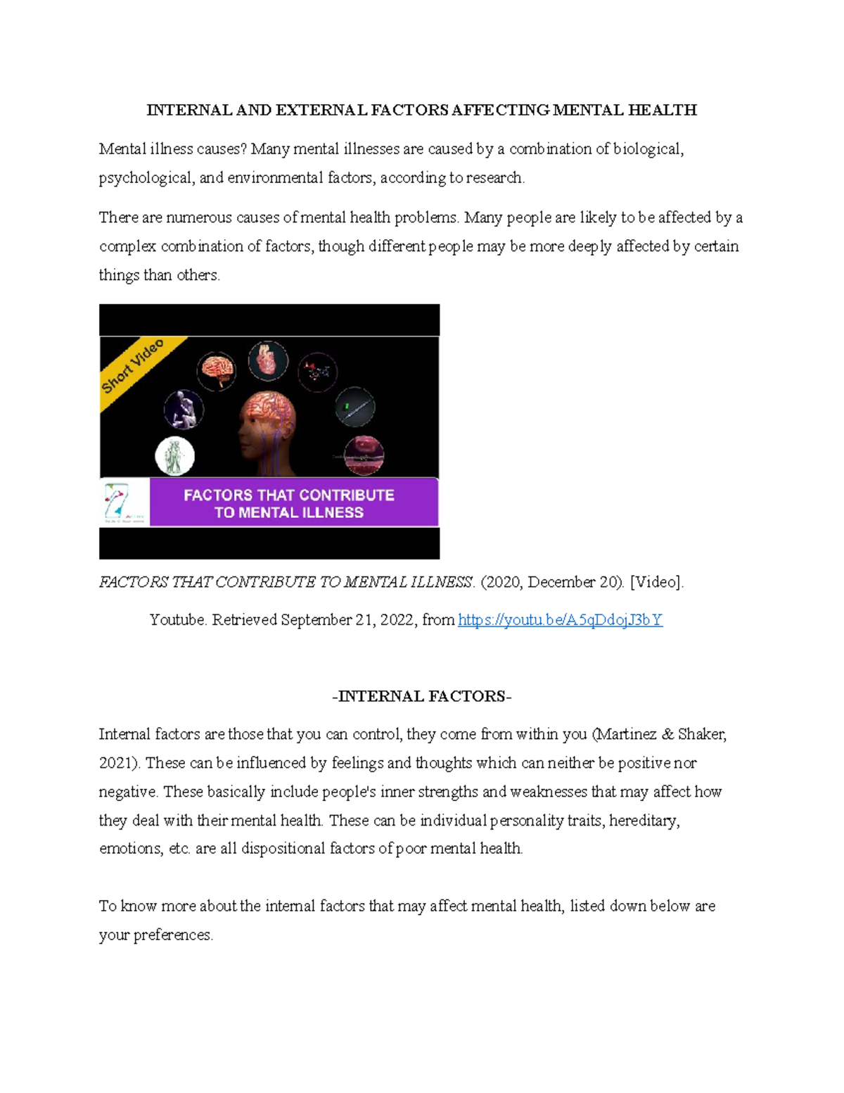 Mental Health: Internal and External Influences on Well-being - Studocu