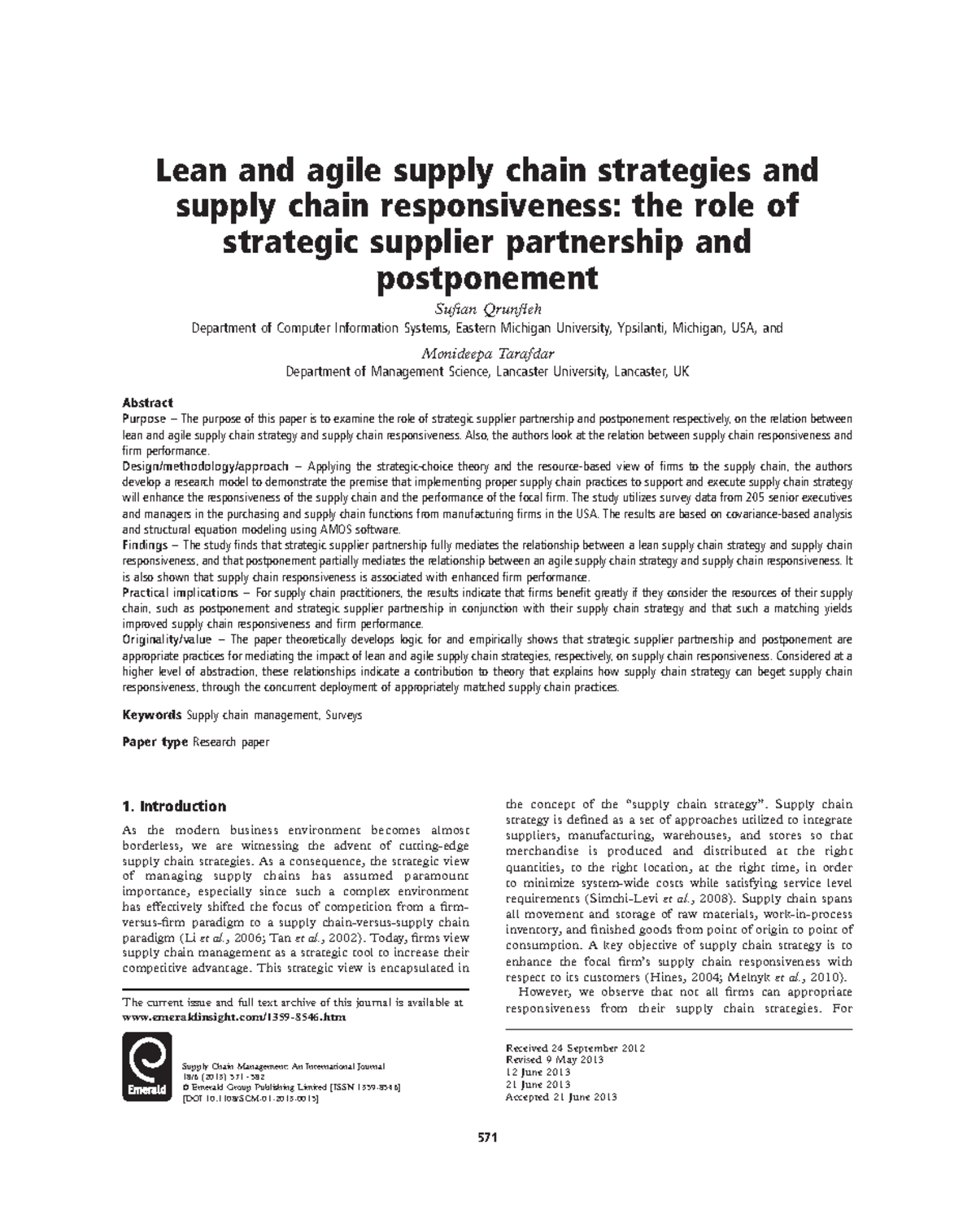 SCM 01 2013 0015 Logistics - Lean and agile supply chain strategies and ...