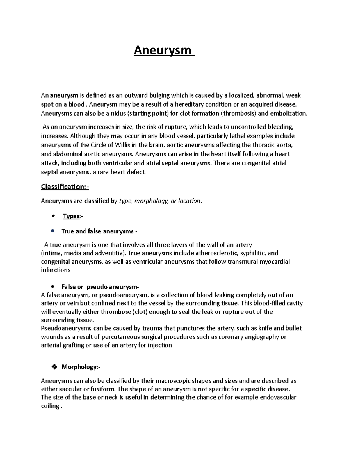 Aneurysm Study Guide: Types, Classification, and Risk Factors - Studocu