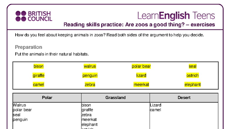 Reading Skills Practice: Are Zoos a Good Thing? Exercises - Studocu
