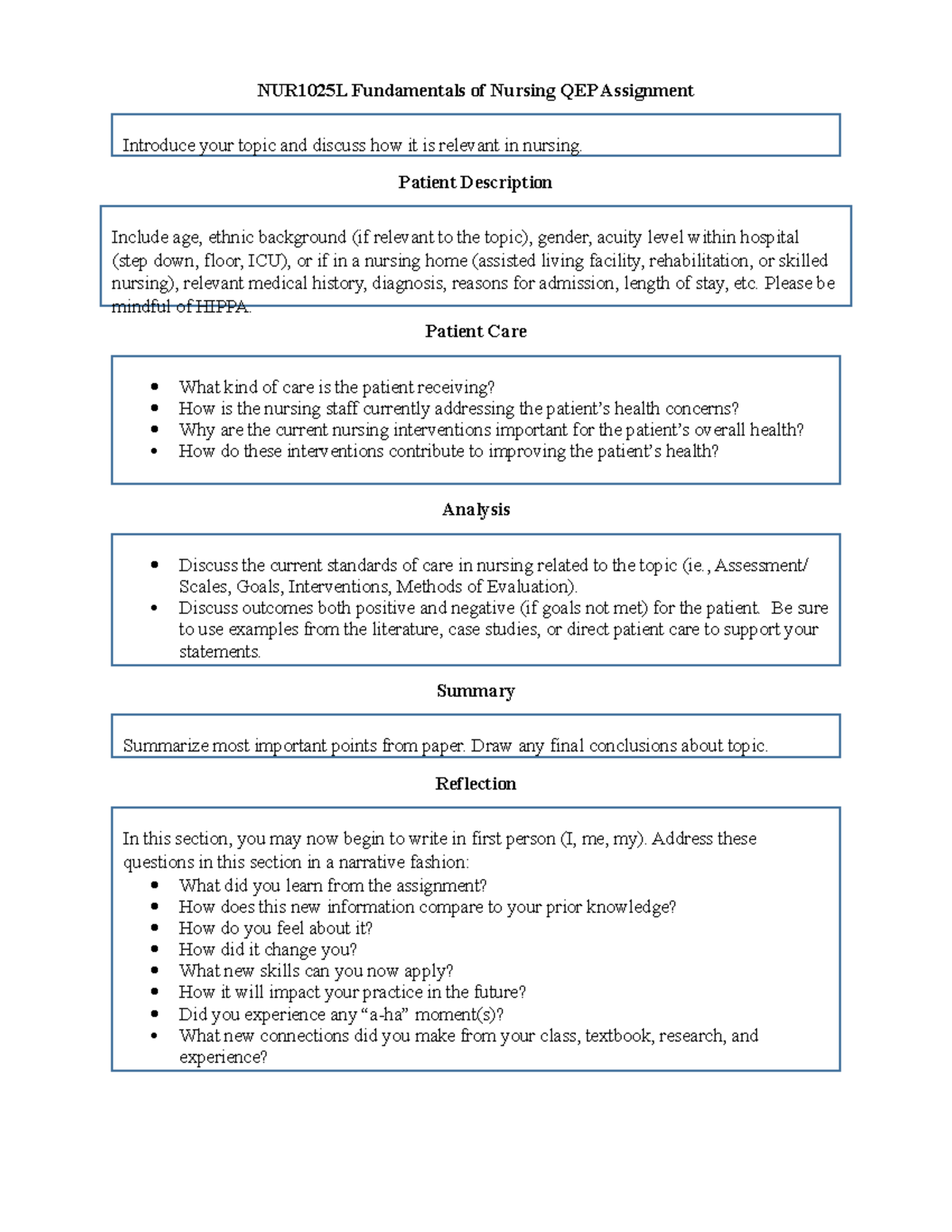 NUR1025L QEP Assignment: Patient Care Analysis in Nursing - Studocu