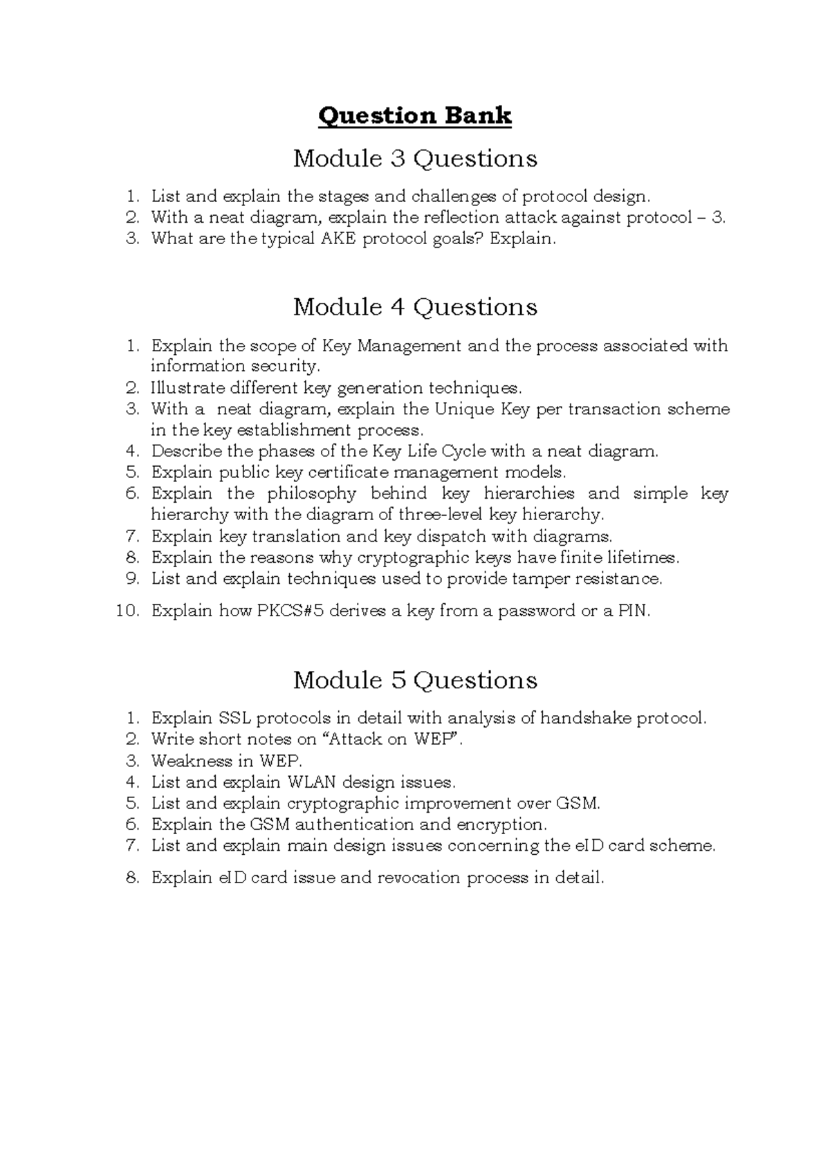 MOD3 Question Bank: Protocol Design & Key Management Challenges - Studocu