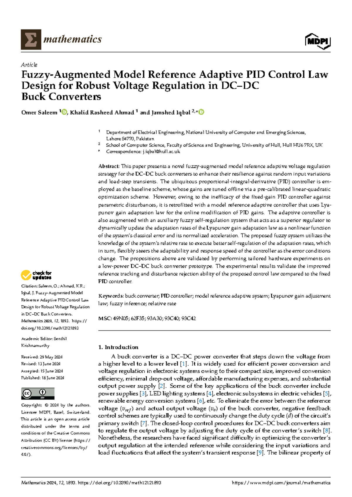 Mathematics 12: Adaptive PID Control for Robust Voltage Regulation in ...